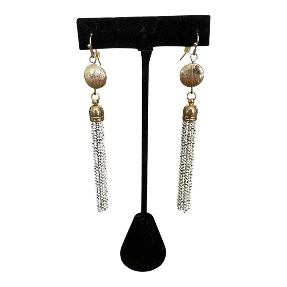 White House Black Market Gold Tassel White Dangle Earrings Minimalist Classic - Picture 4 of 6